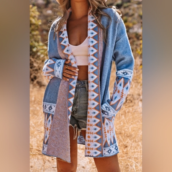 Chic Blue Aztec Cardigan Sweater Boutique Item - Picture 6 of 13